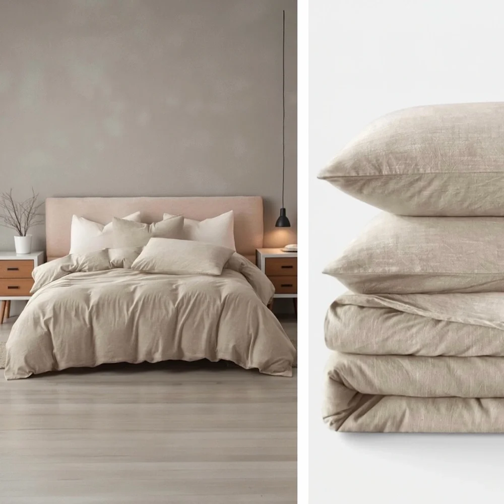 NEW West Elm Beige Linen Cotton Luxury Queen / King Bedding Duvet & Sham Set